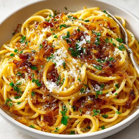 Golden Caramelized Onion Pasta: an easy vegetarian dinner ready in under an hour.