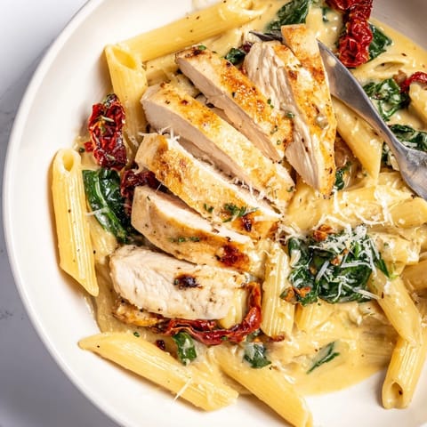 Golden chicken slices over penne pasta in a decadent Creamy Tuscan Chicken Pasta dish.