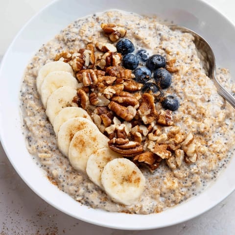 Golden Protein Cinnamon Crunch Oatmeal steaming gently, topped with berries and crunchy nuts.