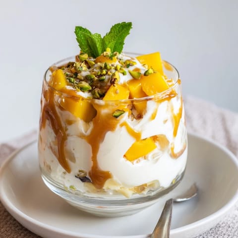 Fresh Mango Caramel Ricotta Parfait topped with pistachios, a summery dairy dessert treat.