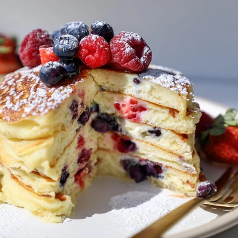 Close-up of fluffy Ricotta Berry Orange Pancakes, glistening with warm melted butter