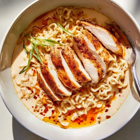 A bowl of spicy Fiery Chicken Ramen, creamy broth, and tender chicken slices.  