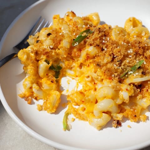 Delicious Spicy Kimchi Mac & Cheese with melty cheeses and a hint of heat.  