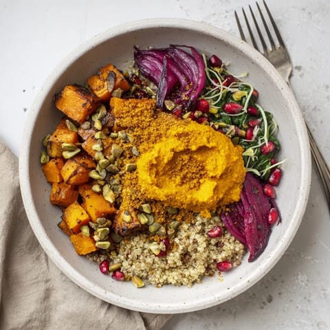 Colorful, nutrient-rich spiced winter bowls topped with pistachio-maple crumble and fresh greens.  
