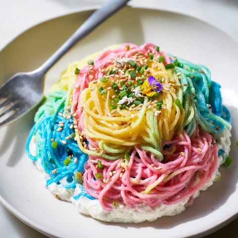 Colorful Neon Noodle Cloud topped with scallions and edible flowers, inviting and whimsical.  