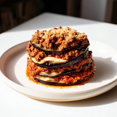A hearty, freshly baked moussaka, showcasing tender eggplant and flavorful spiced beef within.