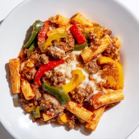 This Baked Rigatoni with Sausage & Peppers boasts browned sausage and colorful peppers, smothered in melted cheese.