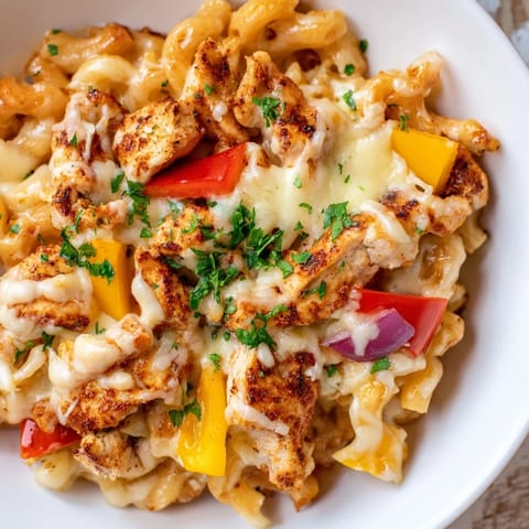A bubbling baking dish features golden-brown Cajun Chicken Pasta Bake, ready for a delicious dinner.