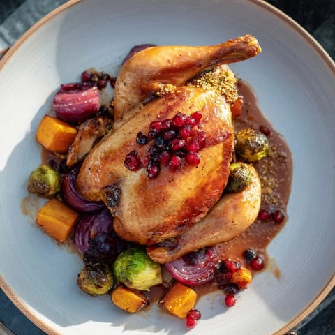 Golden-brown sheet-pan roasted turkey breast resting on roasted veggies, perfect for a cozy Thanksgiving.