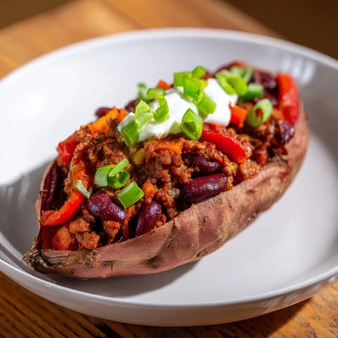 A steaming baked sweet potato stuffed with chili, topped with creamy cheese and fresh herbs.
