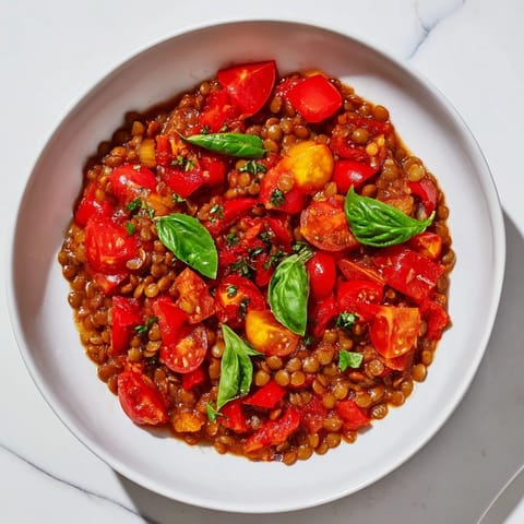 A vibrant close-up showing the Lentil-Tomato Skillet, garnished with fresh herbs and ready to serve.