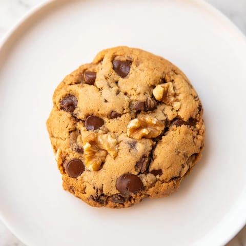 A close-up of delicious chewy protein chocolate chip cookies, filled with chocolate chips.