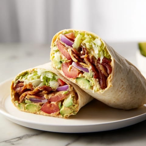 A close-up shot of Zesty BLT Wraps, showcasing layers of bacon, lettuce, and creamy chipotle mayo.