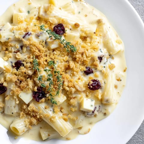 A close-up of a bowl of Cranberry and Brie Tartlet Pasta with a garnish of herbs and berries.