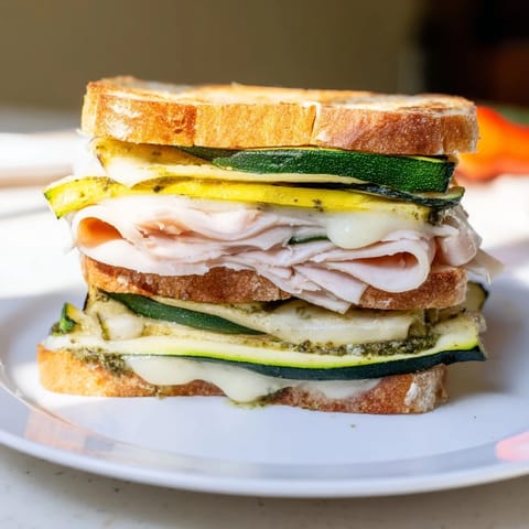 Perfectly stacked Pesto Turkey Zucchini Grilled Cheese with crispy bread, warm turkey, and zucchini filling.