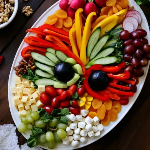 Festive The Masquerade Mask with olives and assorted colorful elements, ready to serve with crackers.