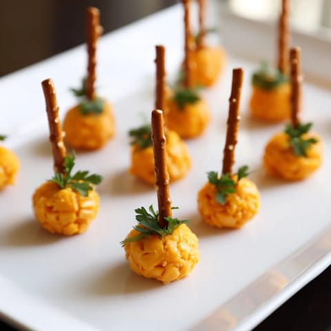 Adorable The Pumpkin Patch snack platter showing cheese ball pumpkins with pretzel stick stems and parsley leaves.