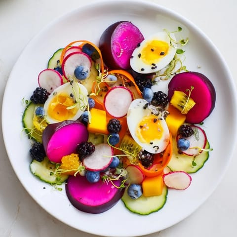 This photo features a visually stunning The Neon Night appetizer, a feast of bright, pickled flavors.