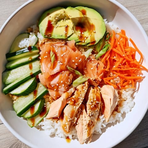 This Japanese-Style Salmon & Chicken Rice Bowl features flaky salmon alongside tender chicken and fresh sliced veggies.