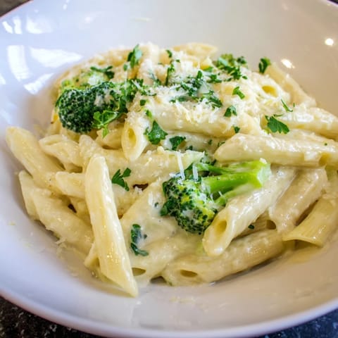 This photo features a luscious bowl of cream cheese garlic pasta, sprinkled with fresh parsley and cheese.
