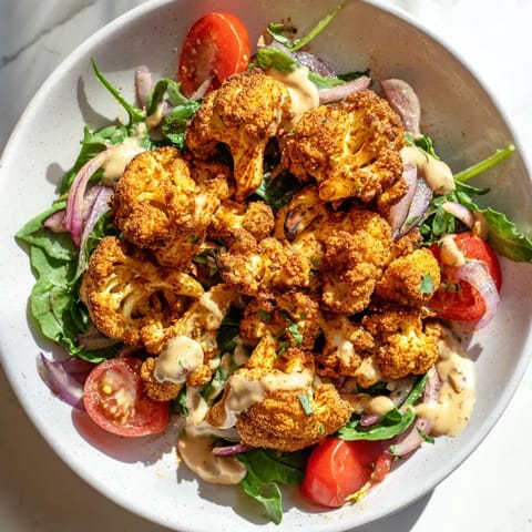 Fresh, bright Crispy Cauliflower Salad featuring colorful tomatoes, red onion, and vibrant greens drizzled.