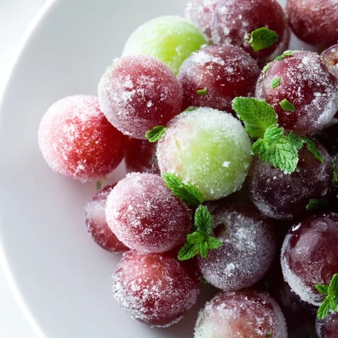 Cool, crisp frozen grapes—perfect for a spa day! Imagine biting into a juicy, chilled treat.