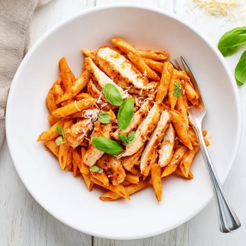 A close-up of a hearty serving of Spicy Tomato Chicken Pasta, with tender penne, juicy chicken, and a rich, steaming red sauce.