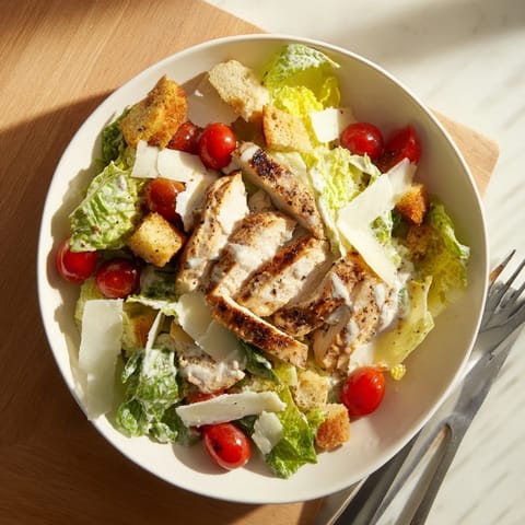 Tender grilled chicken strips lie atop crisp romaine lettuce, drizzled with creamy Greek yogurt Caesar dressing.  