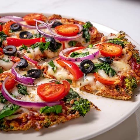 Golden-brown Broccoli Chicken Crust Pizza fresh from the oven, topped with melted mozzarella, cherry tomatoes, red onion, and fresh spinach.