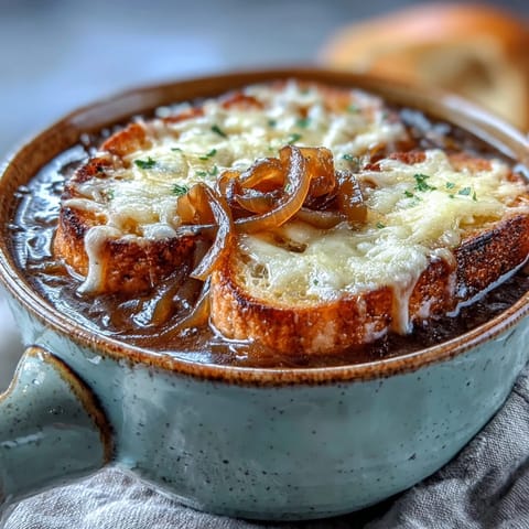 Golden French Onion Soup is served bubbling hot in a ceramic bowl with toasted baguette and melted Gruyère.