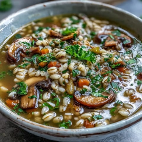 Earthy Mushroom Barley Soup in a rustic mug with carrots and celery.