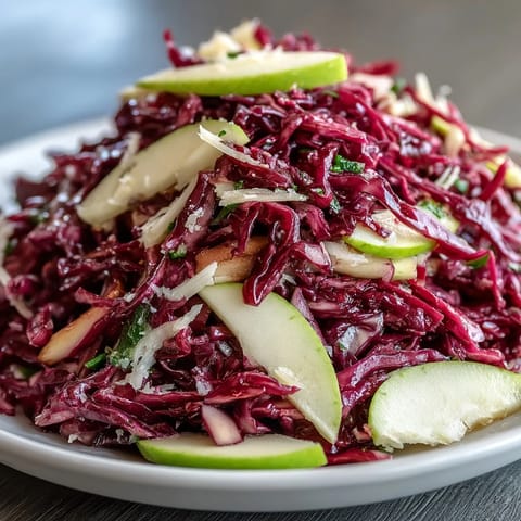Crunchy Red Cabbage Coleslaw With Apple and Parmesan featuring crisp apple slices and salty cheese shavings, topped with fresh parsley on a rustic table.