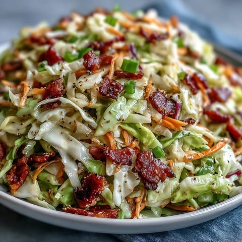 A vibrant German cabbage coleslaw featuring shredded ham, crisp carrots, and caraway seeds served alongside bratwurst on a rustic wooden table.