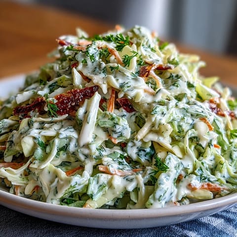 A close-up of Coleslaw With Creamy Dressing highlighting crunchy cabbage and carrots coated in rich, velvety mayonnaise and sour cream sauce, perfect for backyard barbecue plates.