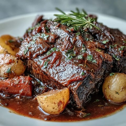 A hearty serving of slow-braised beef pot roast with red wine sauce, perfect for cozy family dinners.