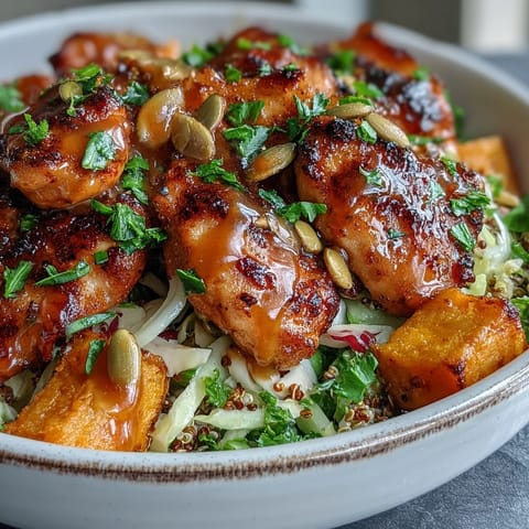 Colorful ingredients are layered in a bowl for a nourishing American fusion meal, topped with a drizzle of spicy hot honey mustard dressing.