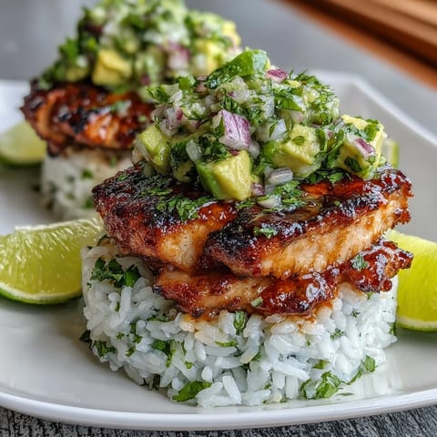 Juicy chicken, glazed with honey and lime, stacked high with fresh avocado mix and jasmine rice.