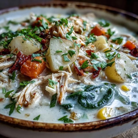 Shredded ranch-seasoned chicken mixes with corn and colorful veggies in a hearty, creamy soup pot.