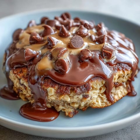 Freshly baked Peanut Butter Cup Protein Pancake Bowl with melted chocolate chips and a warm, creamy peanut drizzle for a decadent breakfast treat.