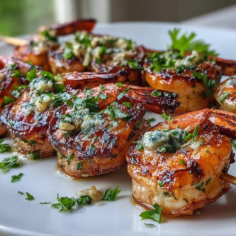 Plump grilled shrimp skewers glistening with olive oil and lemon zest, served warm on a platter with extra lemon wedges.