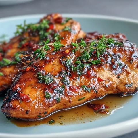 Juicy baked chicken in a sweet and spicy maple sriracha glaze, paired with fragrant jasmine coconut rice for a satisfying meal.  
