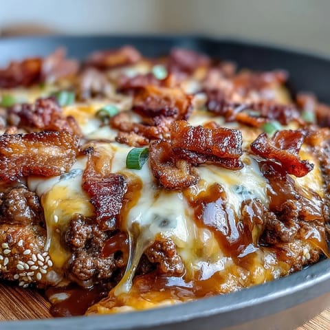 Keto BBQ Bacon Cheeseburger Skillet with melted cheddar and crispy bacon in a rich, smoky sauce.  