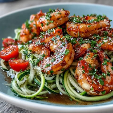 A vibrant plate of zucchini noodles and shrimp, coated in a zesty lemon-garlic sauce, topped with fresh parsley and cherry tomatoes.  