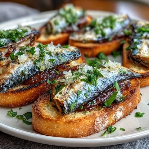Golden toasted baguette slices layered with sardines, bright lemon, and herbs for a vibrant bite.  