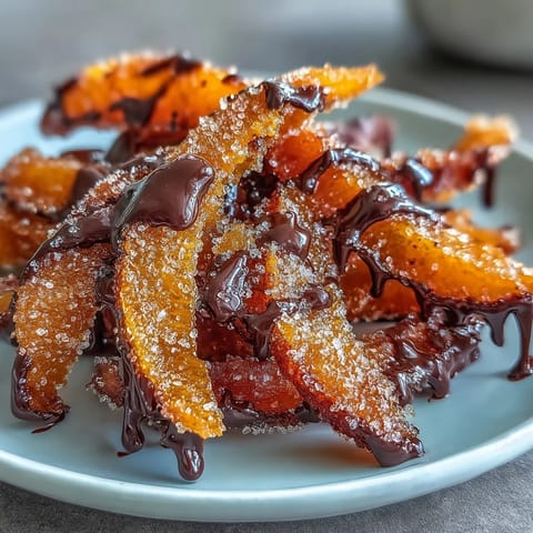 Candied orange peel strips dipped in rich dark chocolate, a sophisticated treat with a perfect balance of citrus zest and smooth sweetness.