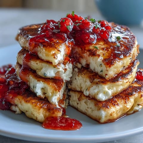 Fluffy cottage cheese pancakes topped with vibrant fresh strawberry syrup for a protein-packed breakfast.  