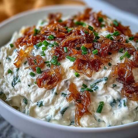 Rich, golden caramelized onions blended into tangy sour cream dip, garnished with fresh chives for a savory appetizer spread.
