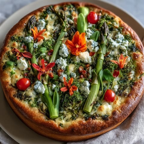 Artfully decorated focaccia with vibrant bell pepper rings, zucchini slices, and herb stems, creating a garden-inspired centerpiece.  