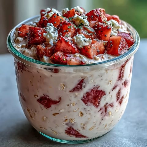 Vibrant overnight oats layered with juicy strawberries, tangy lemon zest, and crunchy poppy seeds for a refreshing breakfast.