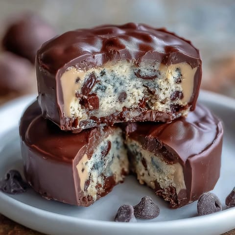 1. Rich homemade peanut butter cups filled with eggless chocolate chip cookie dough, offering a decadent blend of creamy and crunchy textures in every bite.